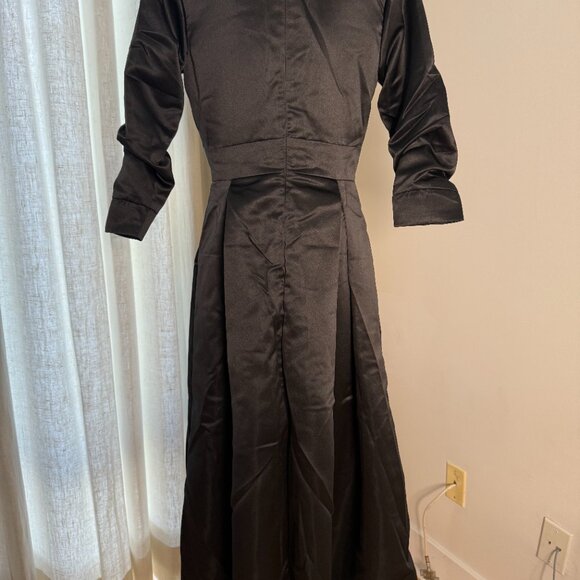 NEW Black Heavy Satin Collared Old Hollywood Vintage Long Dress Gown - Picture 3 of 5